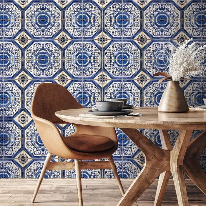 Tile Wallpaper Inspired By Portuguese Azulejos In Blue And Cream – A417