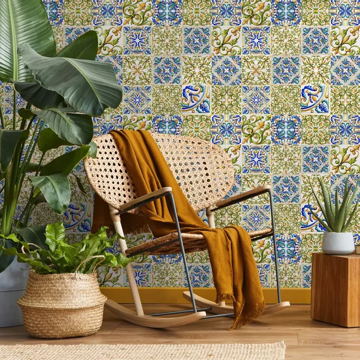 Tile Wallpaper With A Mediterranean Arabesque Motif In Blue, Green, And Yellow – C340