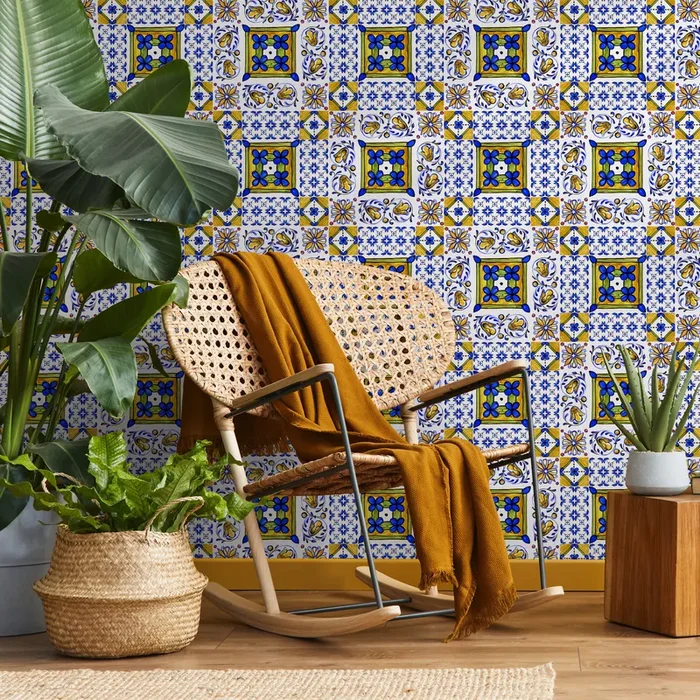 Tile Wallpaper With A Portuguese Azulejo Motif In Blue, Yellow, And Green – C339