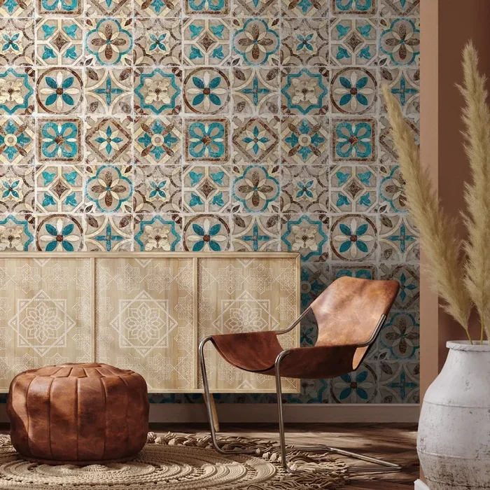 Tile Wallpaper With A Portuguese Motif In Teal, Brown, And Beige – A552