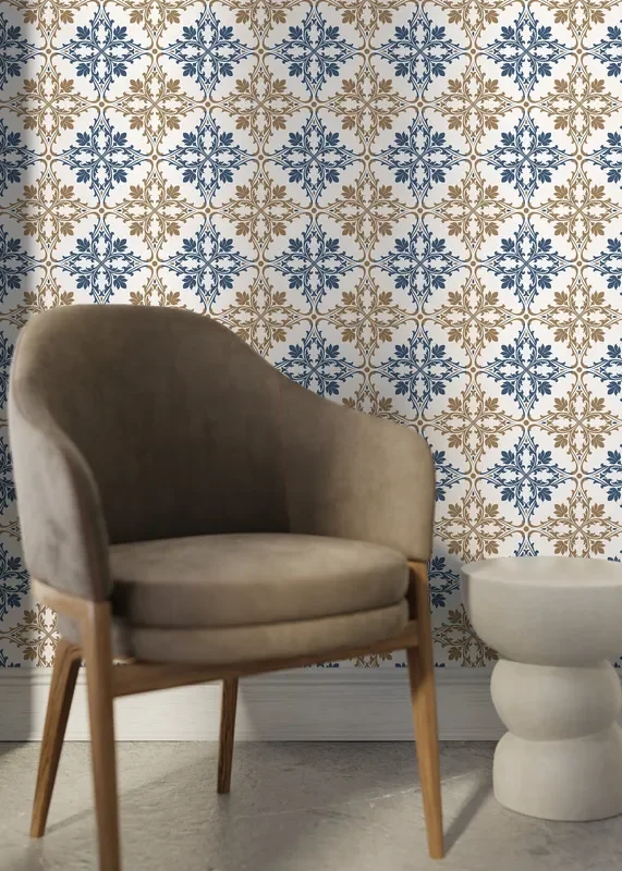 Tile Wallpaper With An Ornamental Damask Motif In Blue And Beige – D169