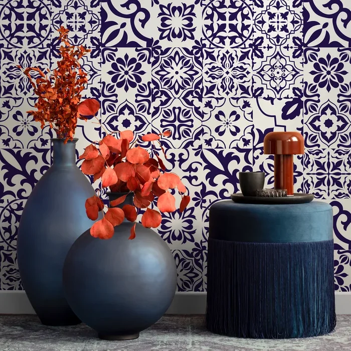 Tile Wallpaper With Ornate Mediterranean Motifs In Navy Blue – B753