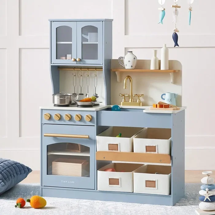 Tiny Land® Pretend Play Kitchen for Kids – Serenity Wooden Kitchen – Blue