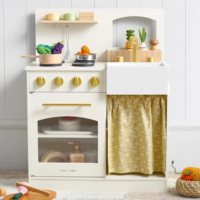 Tiny Land® Wooden Play Kitchen for Toddlers – Honey Kitchenette Pretend Cooking Set