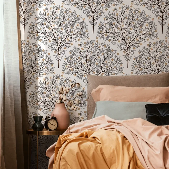 Tree Wallpaper Featuring Stylized Flowering Trees In Brown, Gray, And Yellow – C810