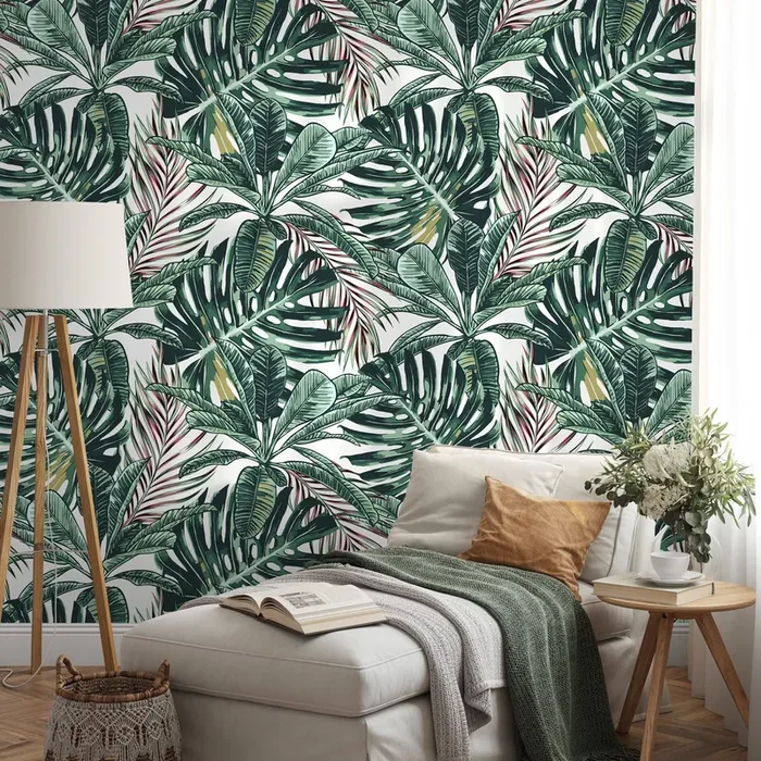 Tropical Wallpaper Featuring Lush Monstera And Palm Leaves In Green And Red – B120