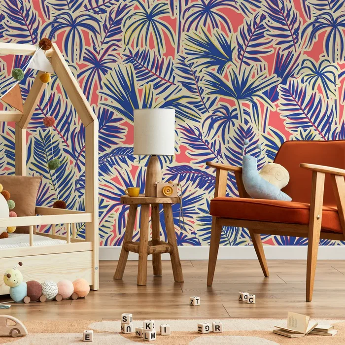 Tropical Wallpaper Featuring Stylized Jungle Leaves In Blue, Pink, And Cream – C371