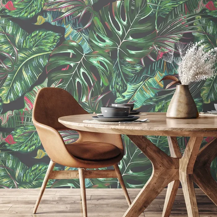Tropical Wallpaper With A Lush Jungle Leaf Motif In Green And Pink – A777