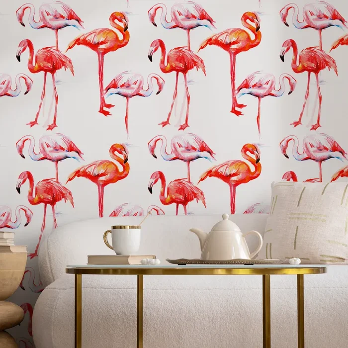 Tropical Wallpaper With A Watercolor Flamingo Motif In Red, Pink, And Orange – B248