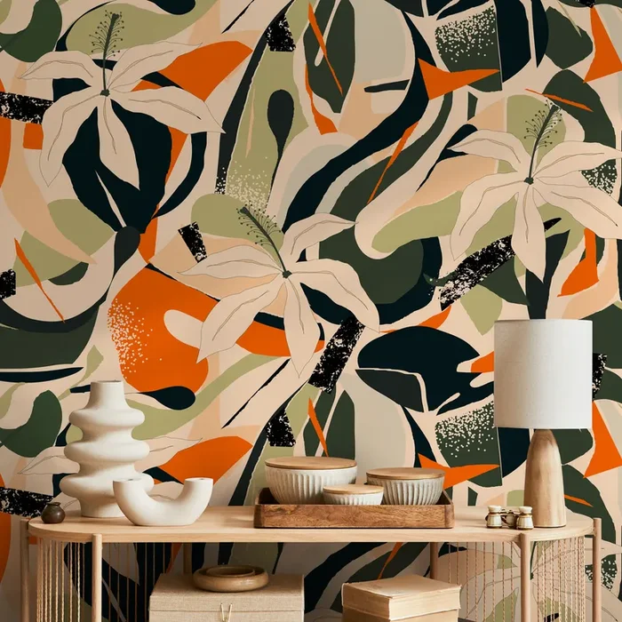 Tropical Wallpaper With An Abstract Floral Collage In Green, Orange, And Black – B205