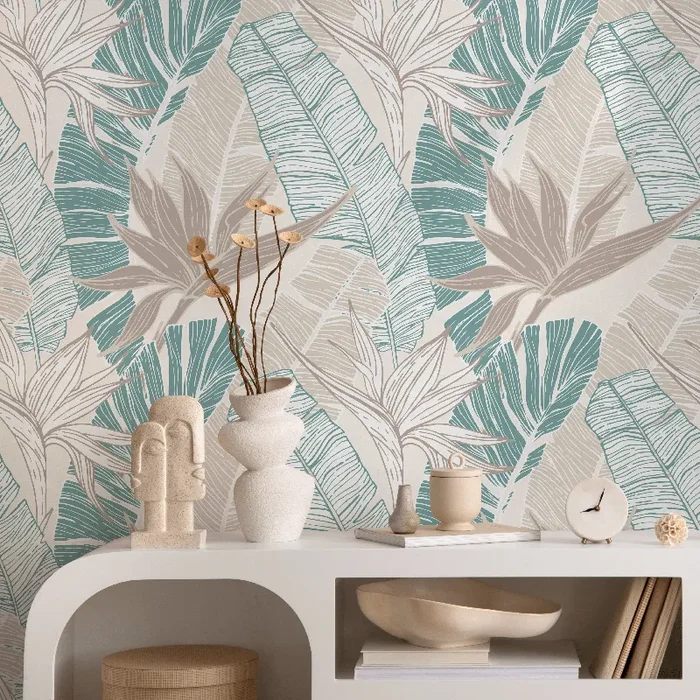 Tropical Wallpaper With Birds Of Paradise In Teal And Beige – B314