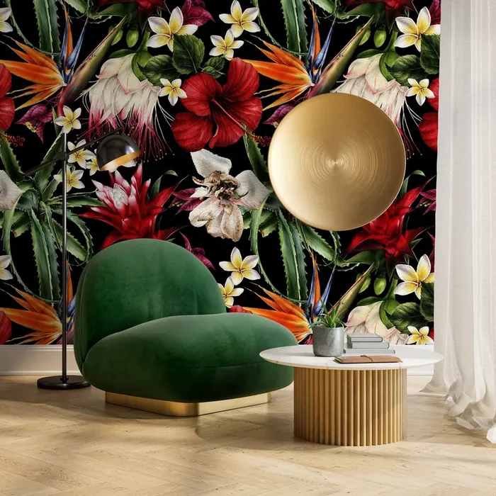 Tropical Wallpaper With Exotic Flowers And Leaves In Red, Orange, And Green – A828