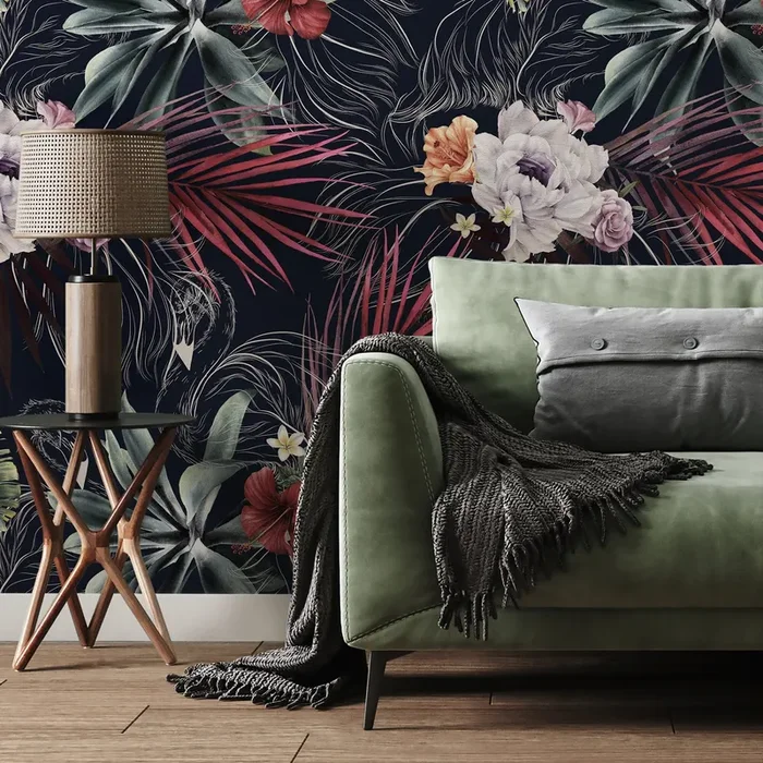 Tropical Wallpaper With Exotic Flowers And Palm Leaves In Red, Green, And Purple – A839