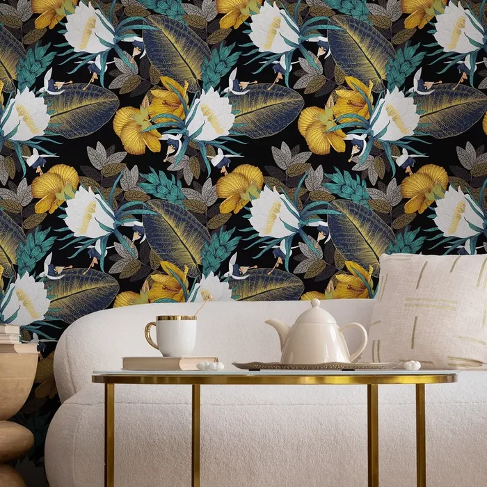 Tropical Wallpaper With Exotic Hibiscus In Yellow, Teal, And White – A821