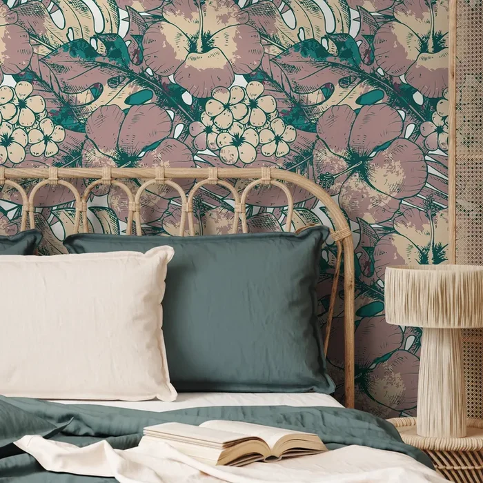 Tropical Wallpaper With Hibiscus And Monstera Leaves In Teal, Mauve, And Beige – B355