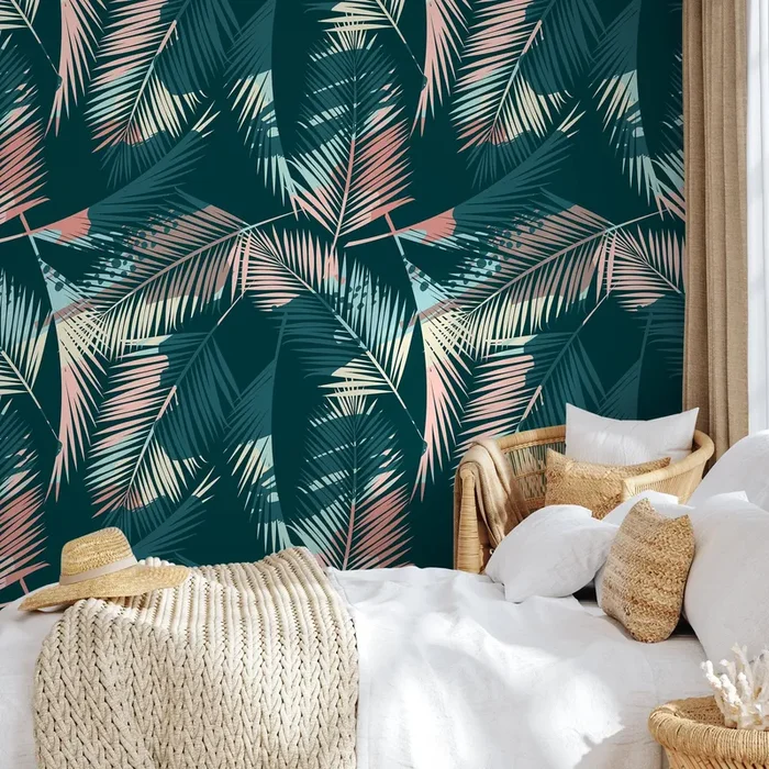 Tropical Wallpaper With Layered Palm Fronds In Teal, Pink, And Cream – A949