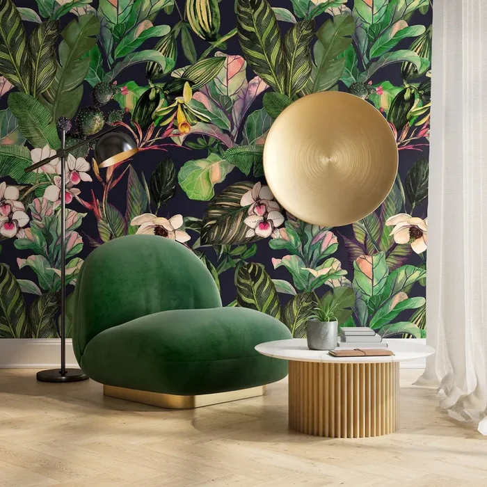 Tropical Wallpaper With Lush Jungle Leaves And Orchids In Green And Pink – A470
