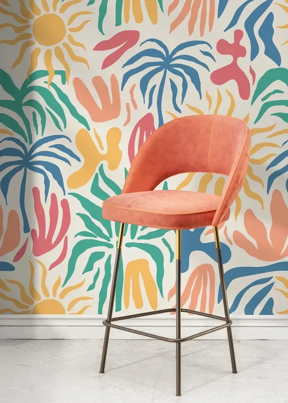 Tropical Wallpaper With Matisse Inspired Shapes In Blue, Yellow, And Teal – D248