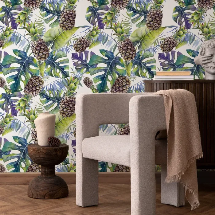 Tropical Wallpaper With Monstera And Pineapples In Green And Purple – A232