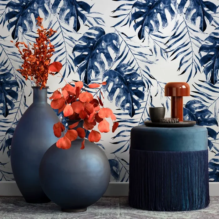 Tropical Wallpaper With Painterly Monstera Leaves In Indigo Blue – B646