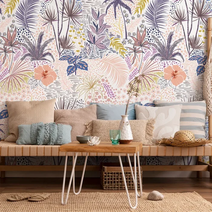 Tropical Wallpaper With Palm Leaves And Hibiscus In Pink, Purple, And Blue – B431