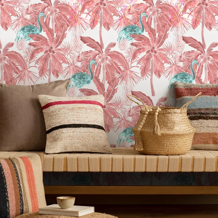 Tropical Wallpaper With Palm Trees And Exotic Birds In Red, Pink, And Teal – B026