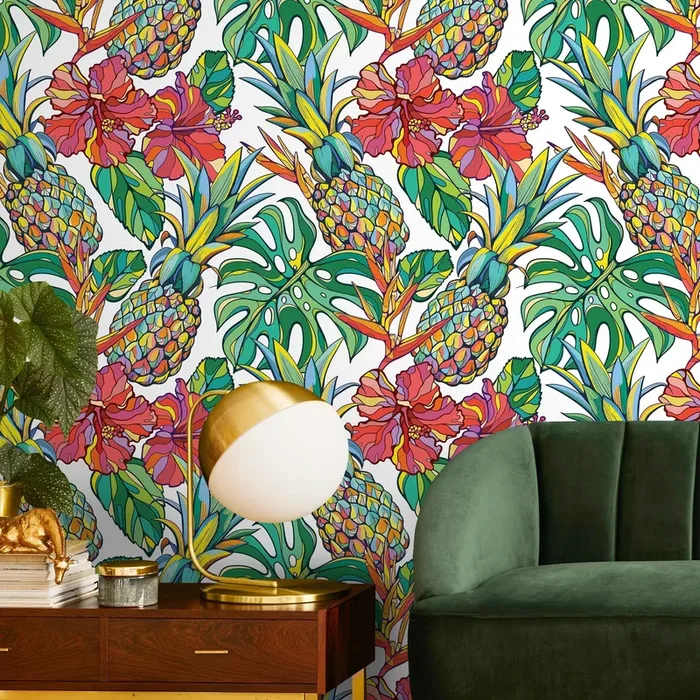 Tropical Wallpaper With Pineapples And Hibiscus In Red, Green, And Yellow – A137
