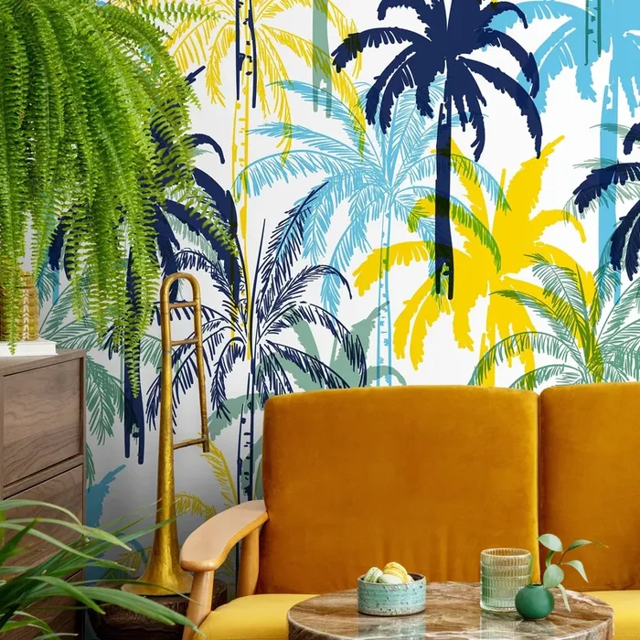 Tropical Wallpaper With Stylized Palm Trees In Blue, Yellow, And Green – B012