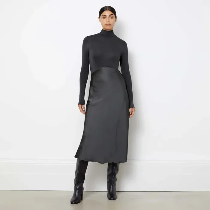 Turtle Neck Satin & Jersey DressGrey