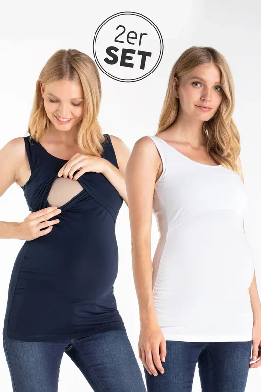Twin pack Organic maternity and nursing tops navy/white