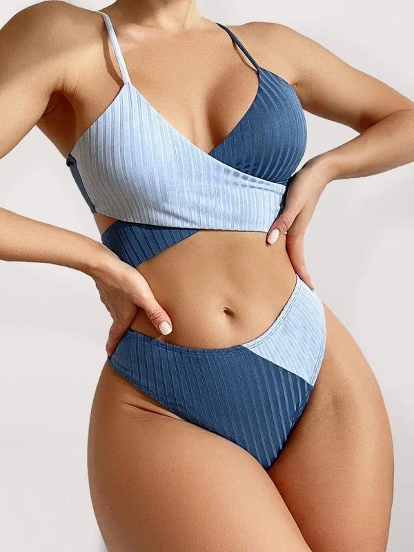 Two-Tone Ribbed Bikini, Wrap Top & Ruched High-Waist Bottoms