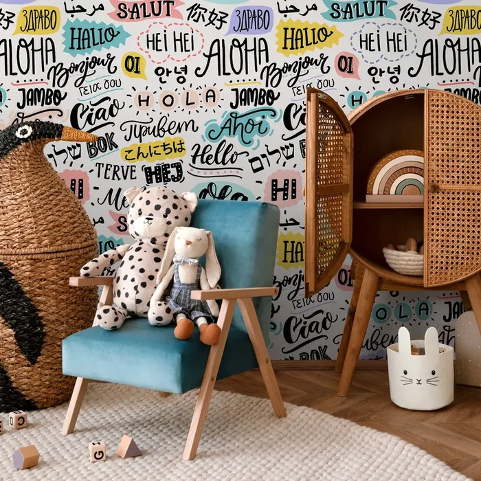Typography Wallpaper With Global Greetings In Black, Teal, And Yellow – B546
