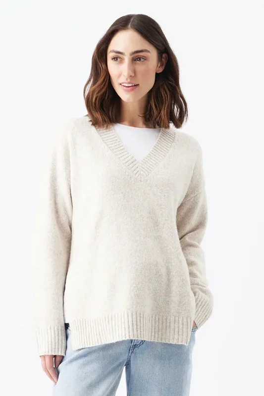 V-neck maternity and nursing sweater with side nursing openings, light beige