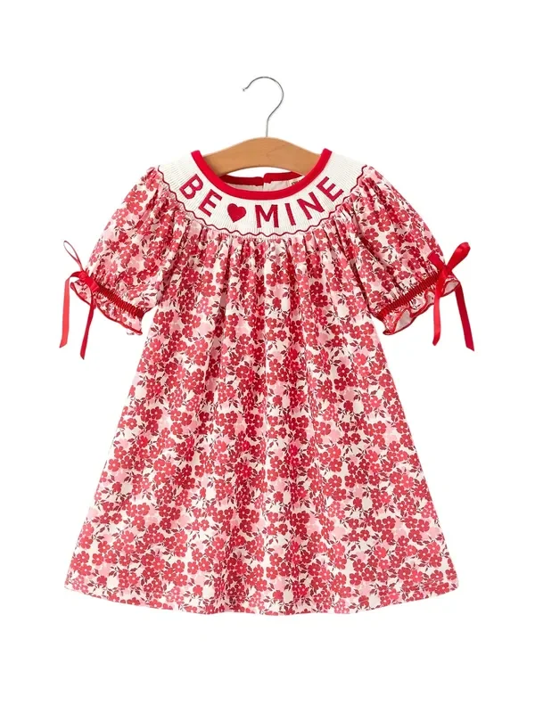 Valentine’s Day “be ❤ Mine ” Embroidered Floral Girls’ Dress