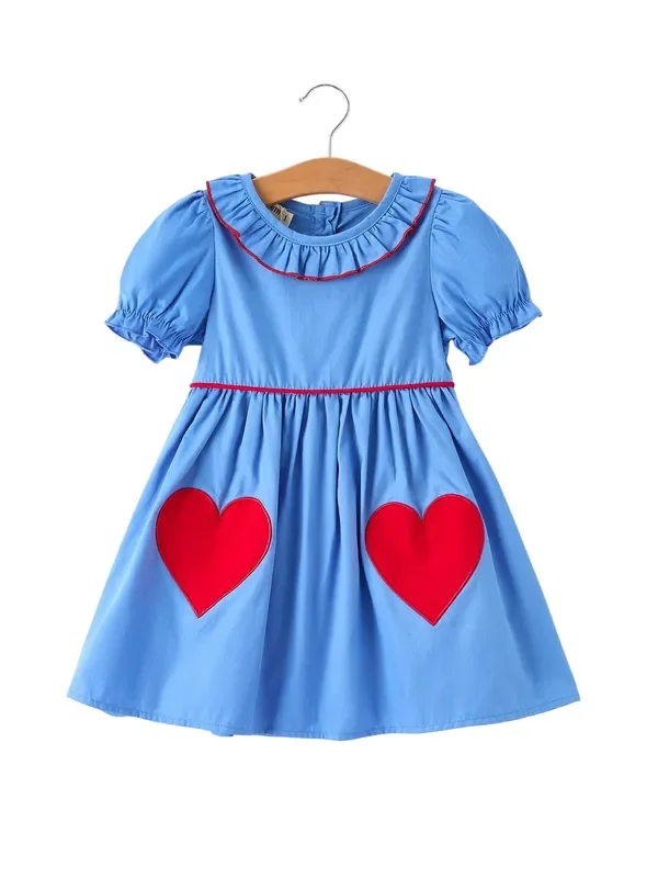 Valentine’s Day Toddler Girl Heart Applique Blue Dress