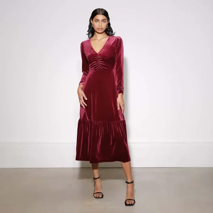 Velvet V Neck Midi Dress