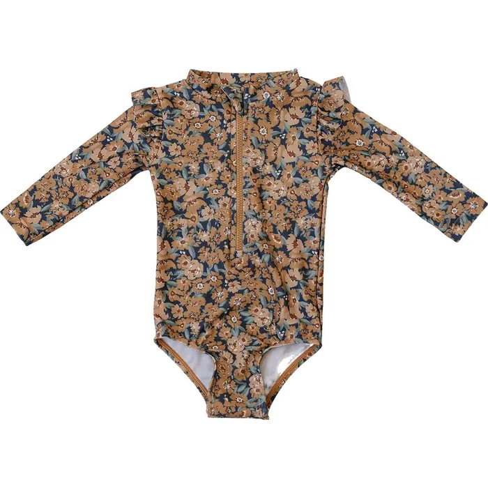 Venetian Floral Long Sleeve Ruffle Zipper One-piece