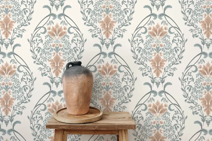 Victorian Wallpaper With A Botanical Damask Motif In Sage Green And Dusty Rose – D221