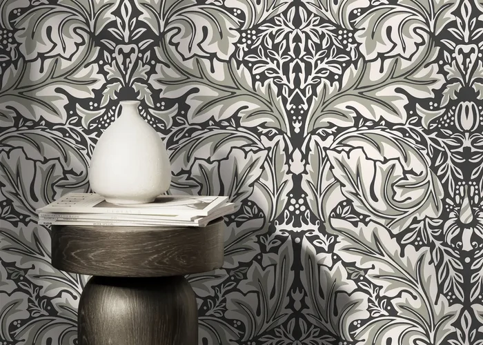 Victorian Wallpaper With A Symmetrical Leaf Motif In Green, Black, And Cream – D266