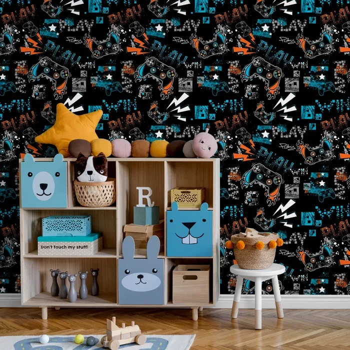 Video Game Wallpaper With A Graffiti Controller Motif In Blue And Orange – B515