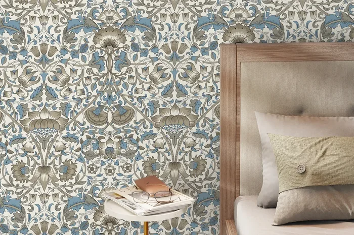 Vintage Floral Wallpaper With An Arts And Crafts Motif In Blue And Gray – D523