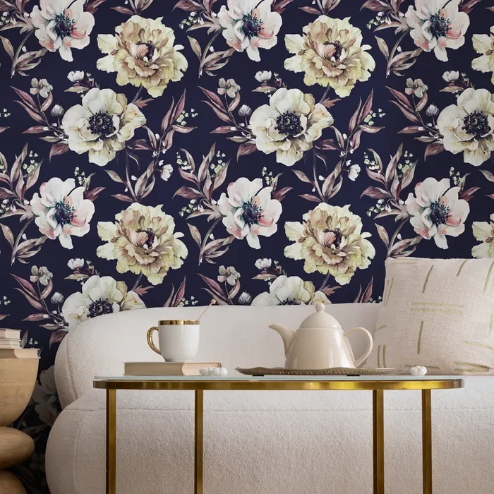 Vintage Floral Wallpaper With Watercolor Peonies In Dark Blue And Yellow – D548