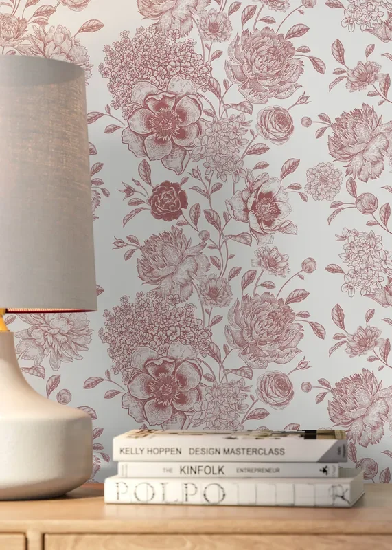 Vintage Toile Wallpaper With Peonies And Roses In Pink – D051
