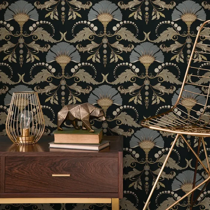 Vintage Wallpaper With A Floral Damask Motif In Black, Blue, And Gold – D240