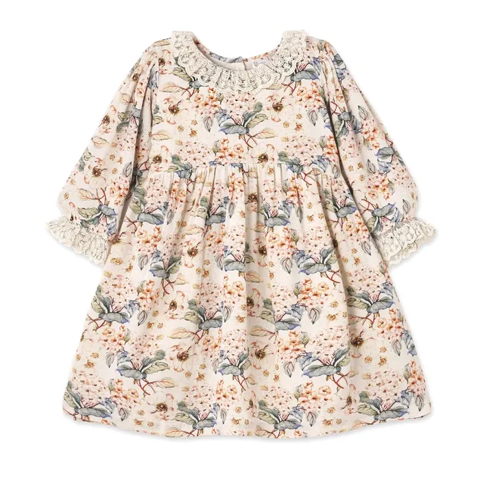Vivian Girl’s Woven Floral Dress With Lace Accents