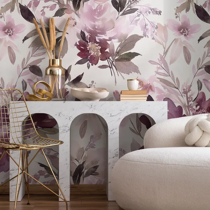 Watercolor Wallpaper With Abstract Blooms In Mauve, Purple, And Brown – B137