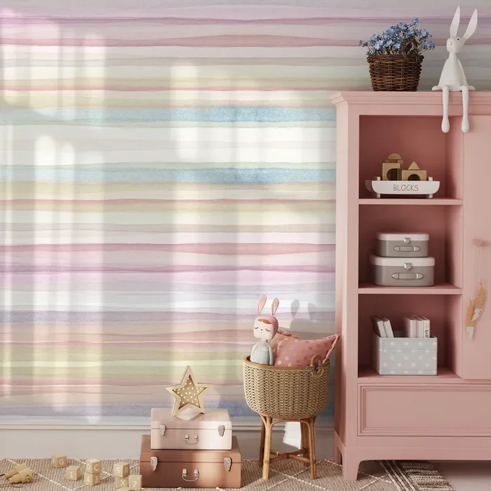 Watercolor Wallpaper With Horizontal Stripes In Pink, Blue, And Yellow – A290