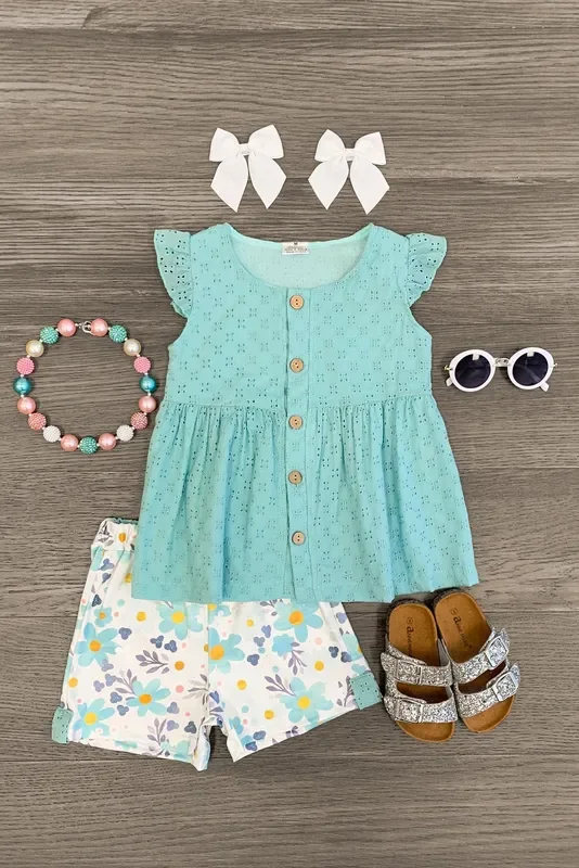 White & Blue Lace Floral Short Set