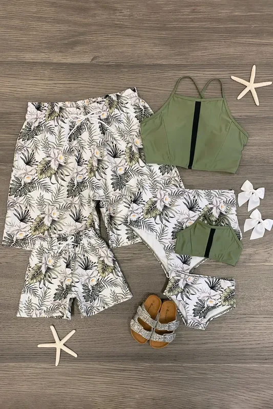 White & Olive Tropical Family Swimsuits