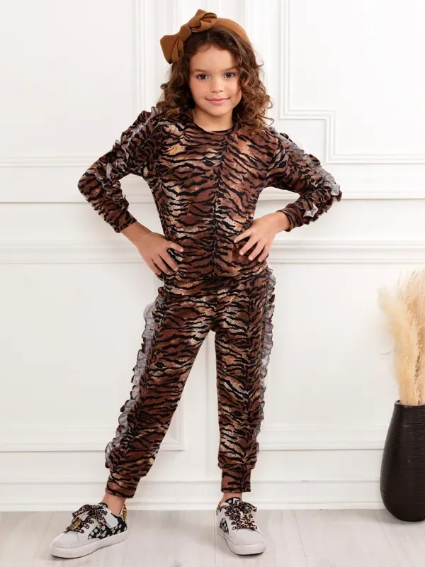 Wild Thing Tiger Print Ruffle Top and Lounge Pant Set